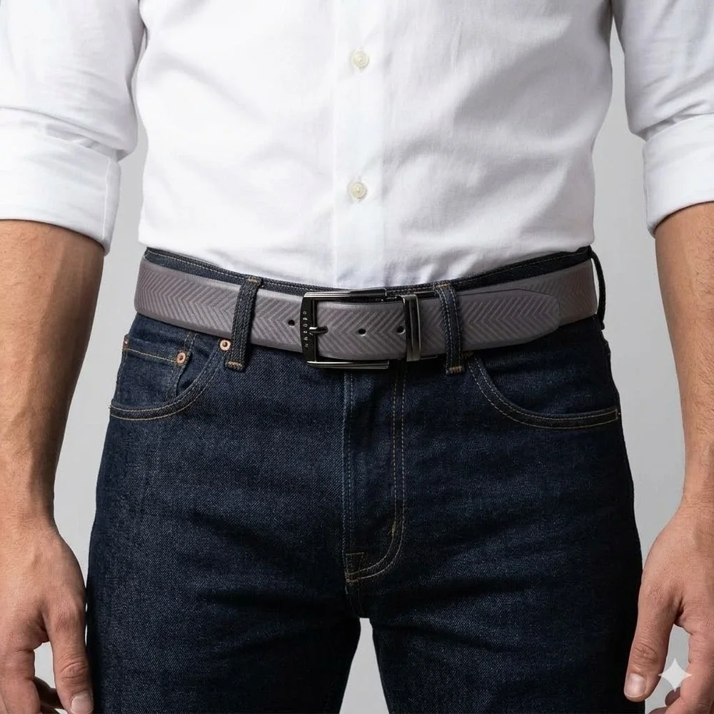 Ted Baker Mens Reversible Belt Gray Blue Herringbone Pattern 43 Inch‎ -CJ